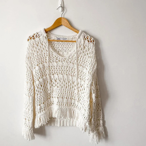 Zara Open Knit Sweater With Fringing Ecru White Size Small - Picture 4 of 8